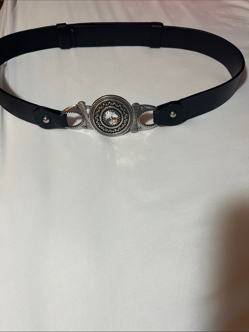 Chicos silver buckle rhinestone embellished black leather belt adjustable M/L